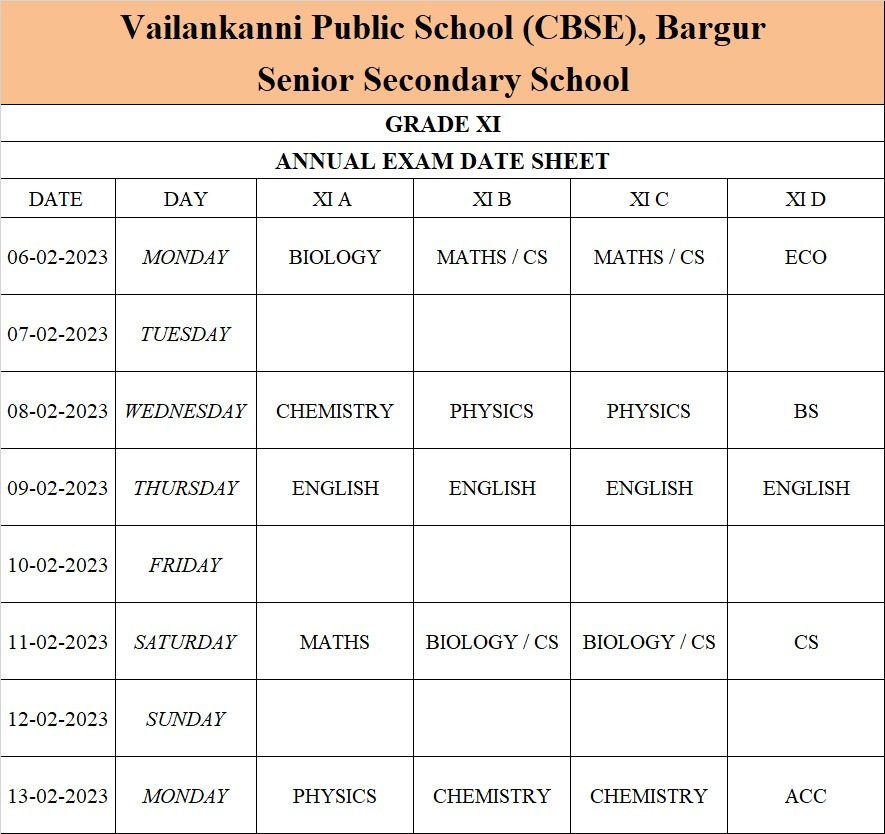 Annual Calendar Vailankanni Public School CBSE